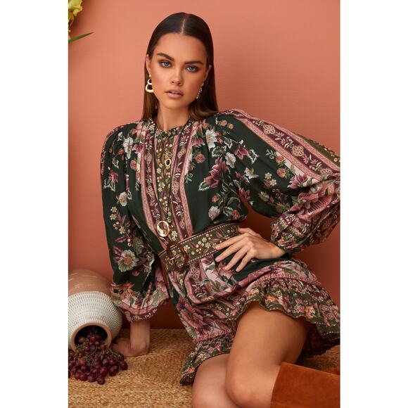 NWT Anthropologie Farm Rio Flowering Garden Tree Belted Puff Sleeve Mini Dress L - Picture 16 of 16